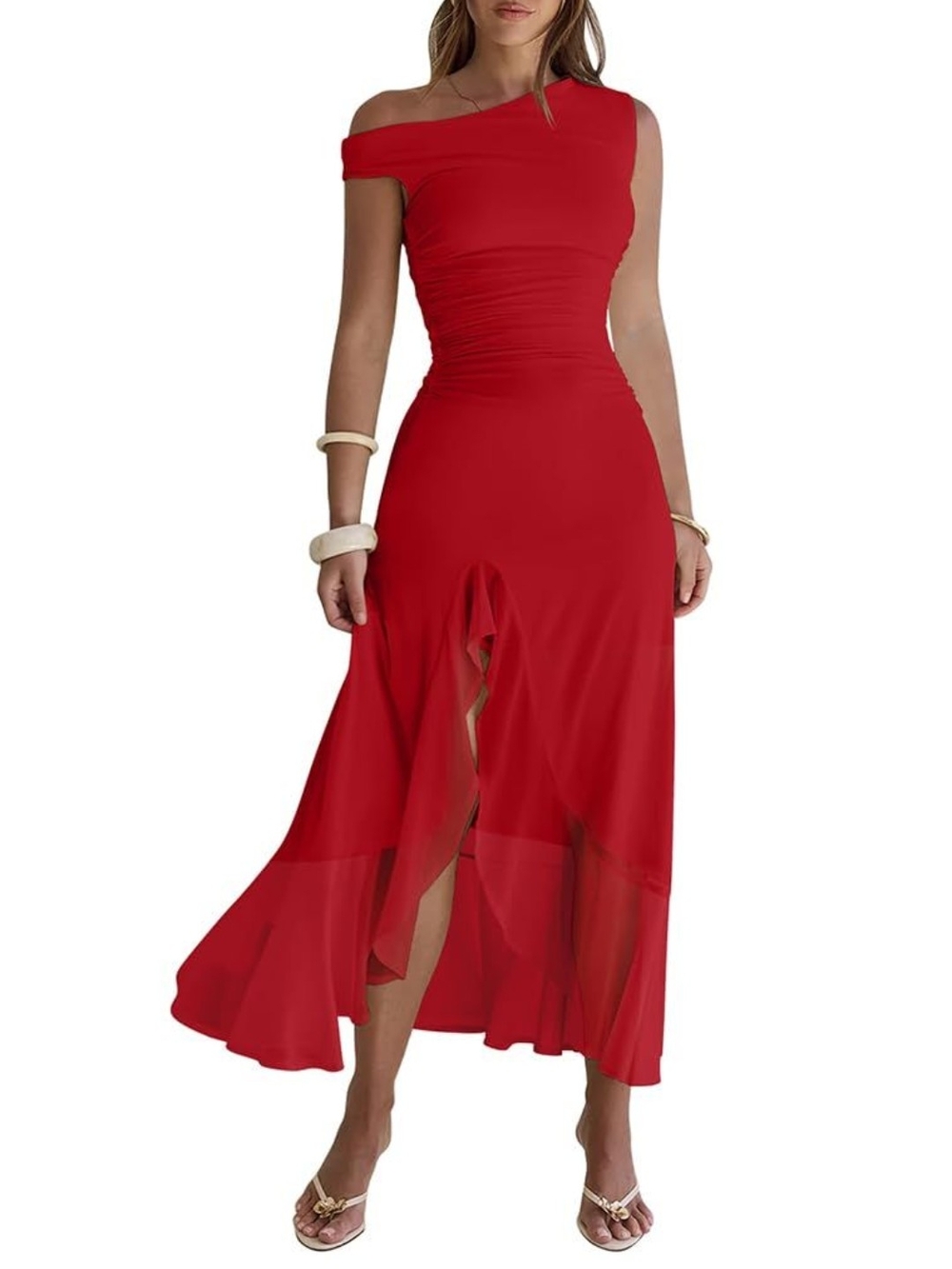 New One-Shoulder Red Maxi Dress with Front Slit